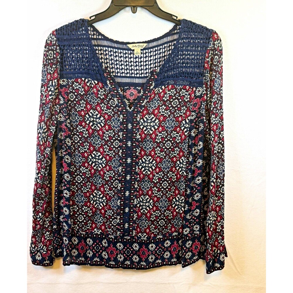 Lucky Brand Women’s L Blue Red White Geometric V-Neck Crochet Long Sleeve Blouse